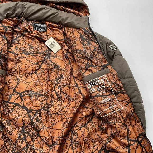 $298 Guess Men’s Alta Nylon Puffer Long Jacket With Hood In Light Brown Size XL